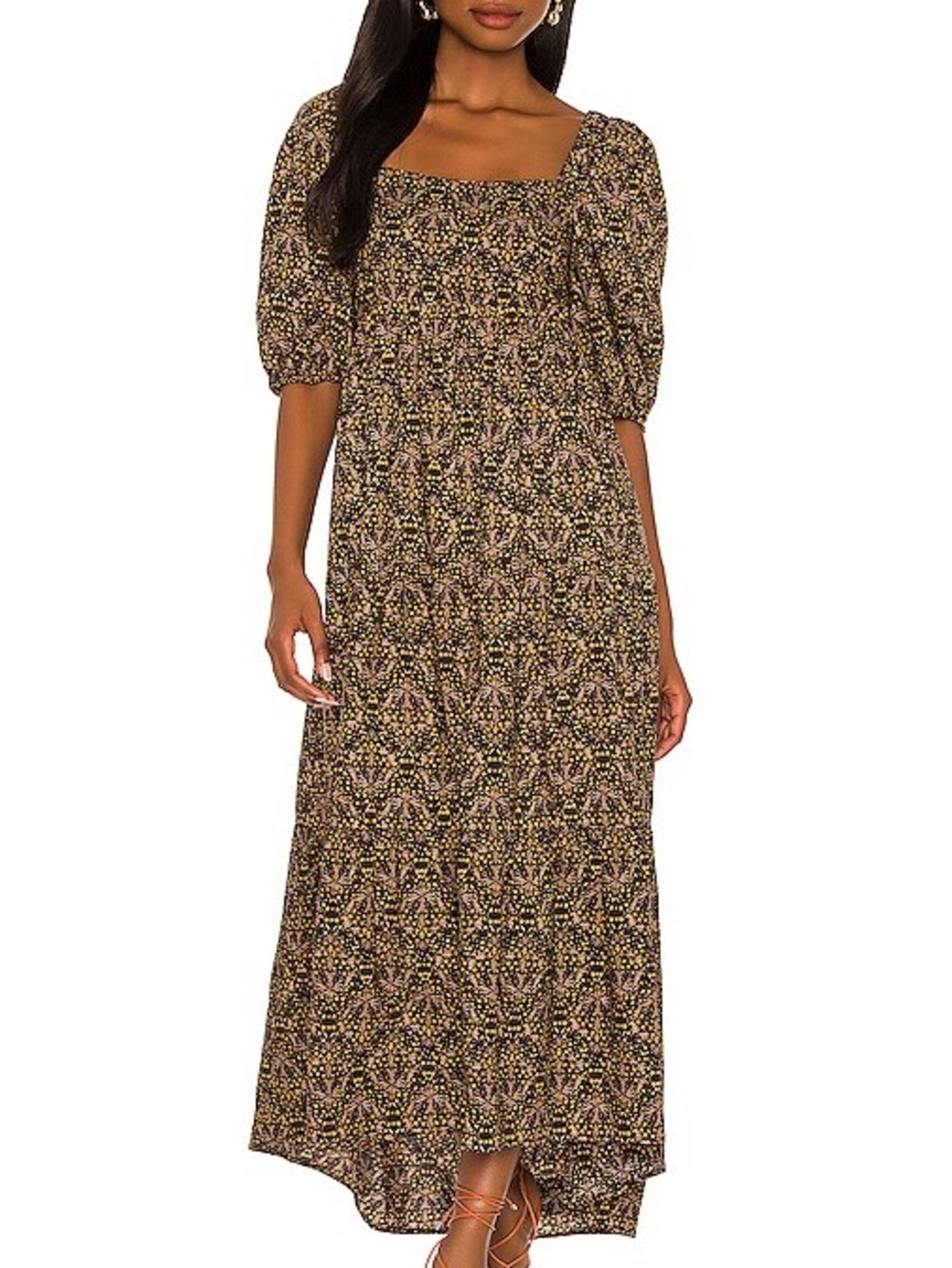 MINKPINK Yasamin Tiered Midi Dress in Black & Gold - Small